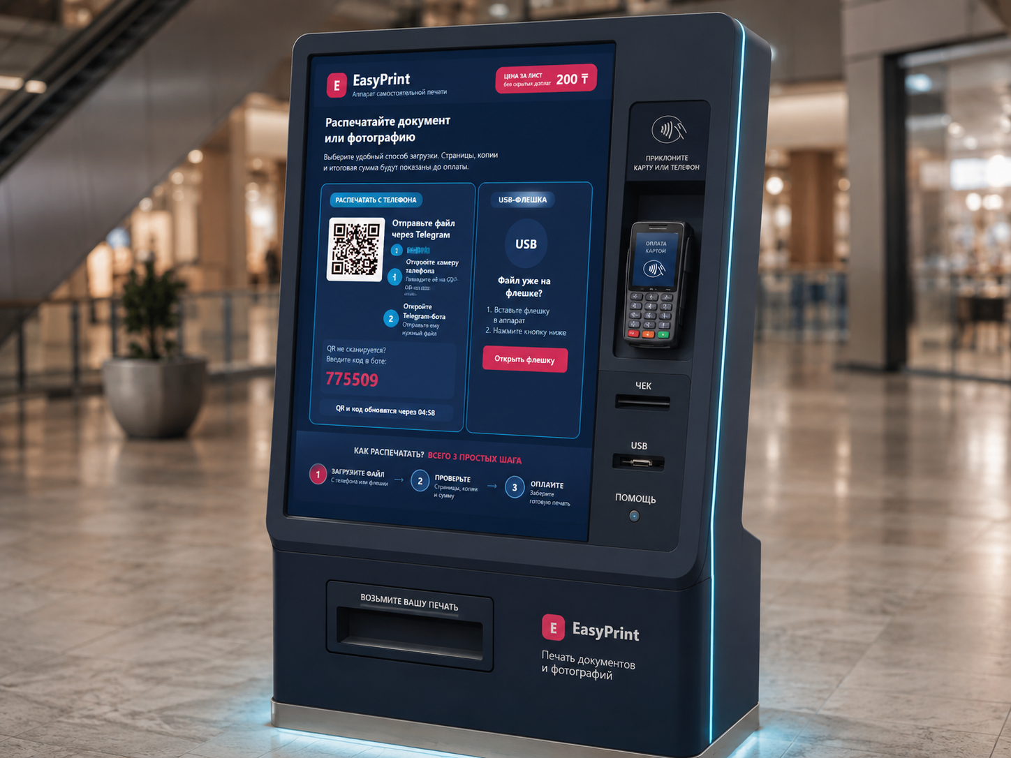 Физический автомат самообслуживания EasyPrint с экраном, терминалом оплаты, USB-портом и выдачей печати